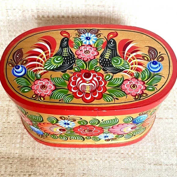 Hand Painted Bentwood Box Vintage Russian Folk Art Norway Rosemaling Floral Box - Picture 2 of 8